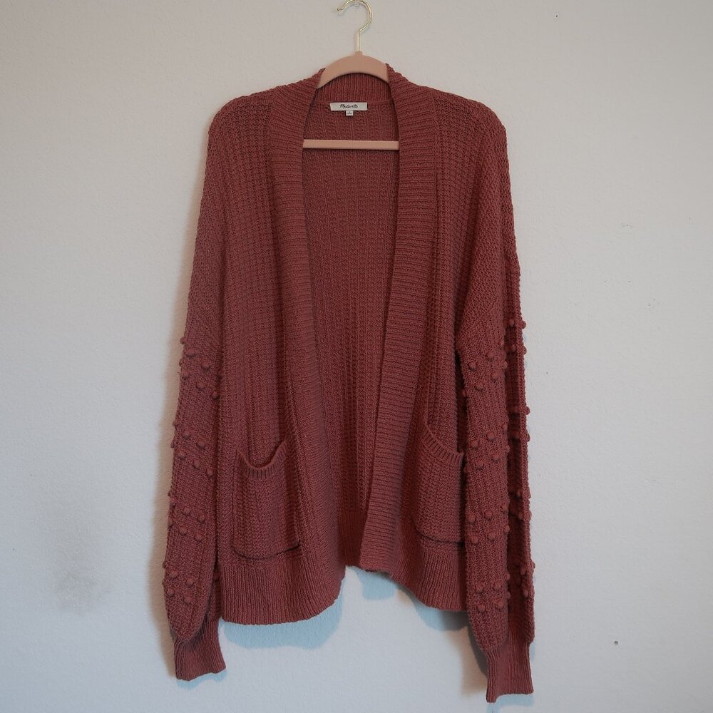 Madewell Mauve Blush Pom-Pom Sleeve Open Front Knit Cardigan Sweater, Size Small - Picture 2 of 8